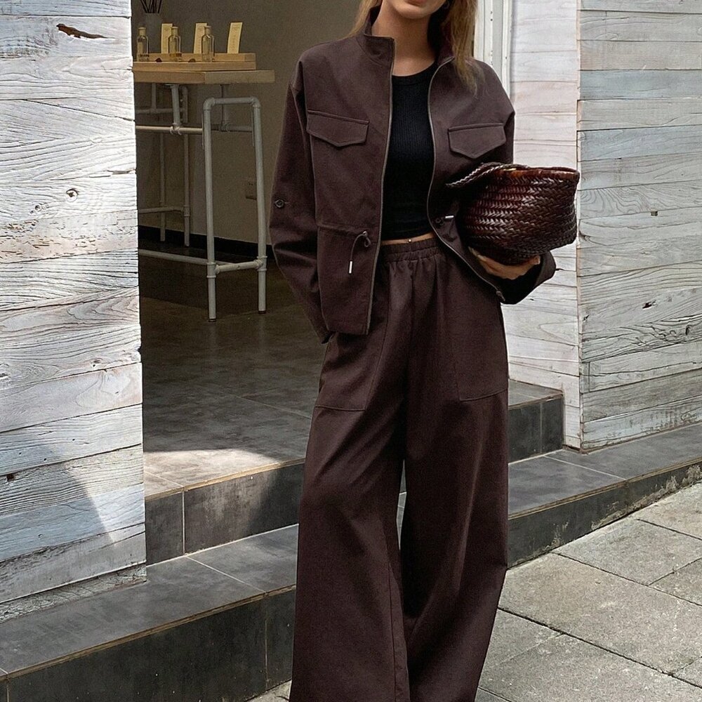 Brown Casual Women's High Collar Cinched Waist Lounge Set